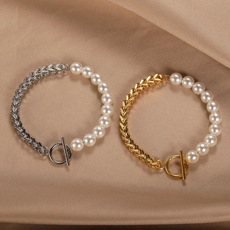 Elegant Gold and Silver Pearl Charm Bracelets.