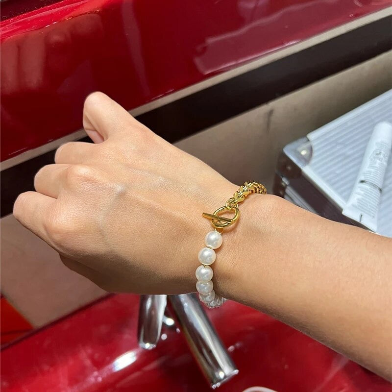 Elegant Gold and Silver Pearl Charm Bracelets.