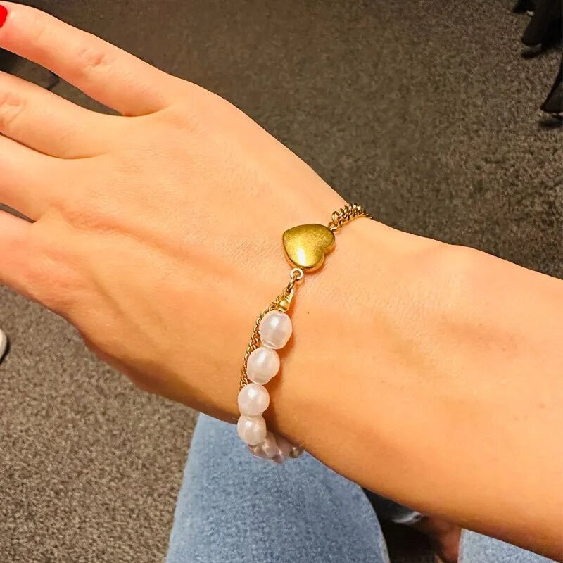 Gold Heart Pearl Bracelet