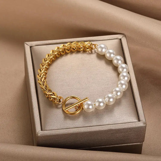 Elegant Gold and Silver Pearl Charm Bracelets.